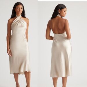 NEW Quince Silk Stretch Washable Twist Halter Midi Backless Dress Cream Size L
